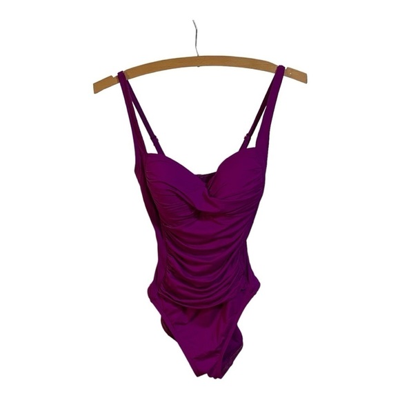 La Blanca Purple Island Goddess Twist Shirred One Piece Swimsuit - Size 4 - Picture 1 of 7